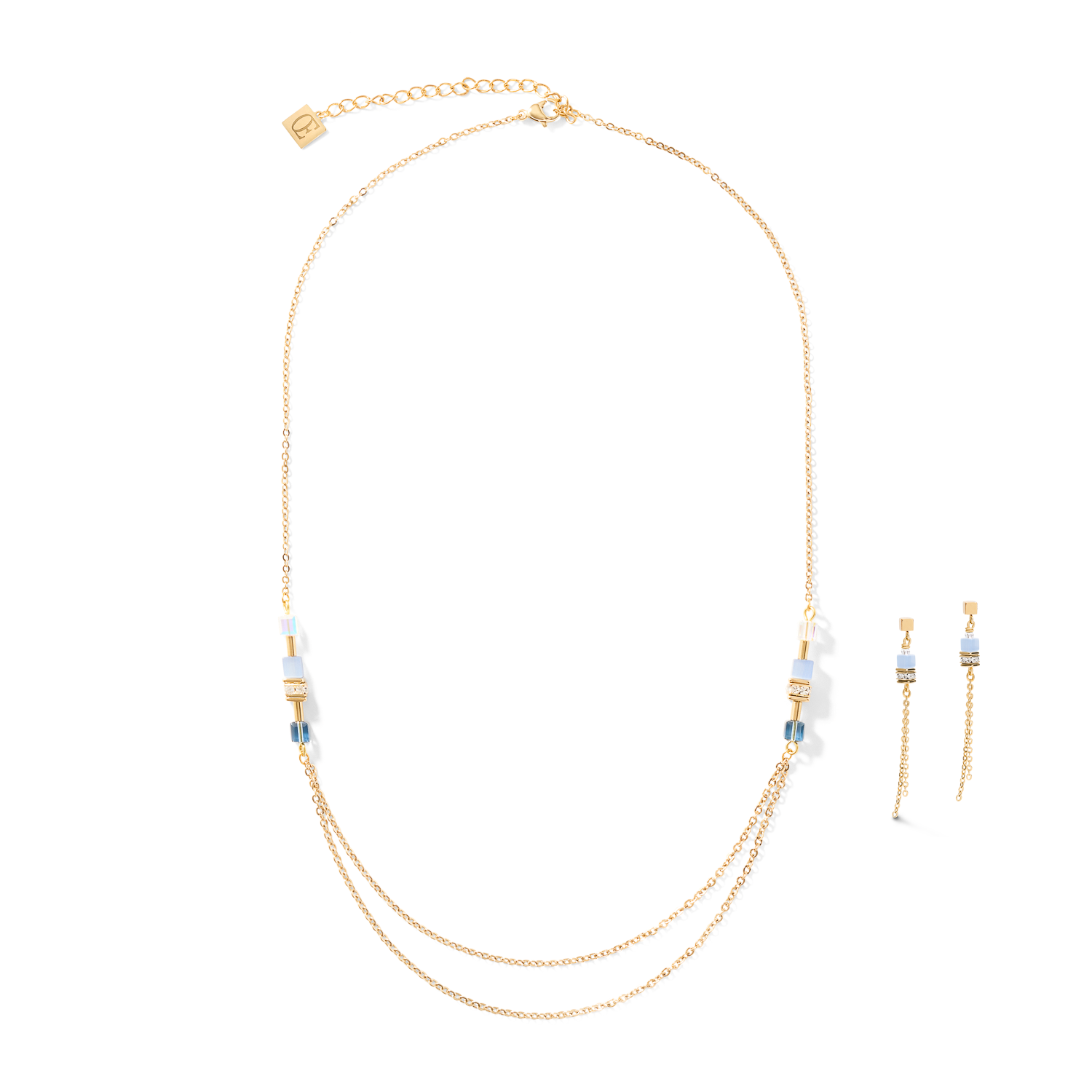Collier GeoCUBE® double chain long acier or-bleu