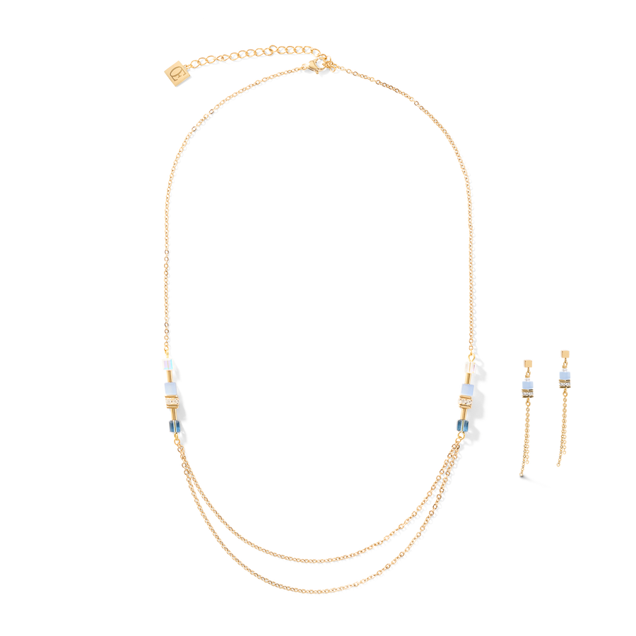 Collier GeoCUBE® double chain long acier or-bleu