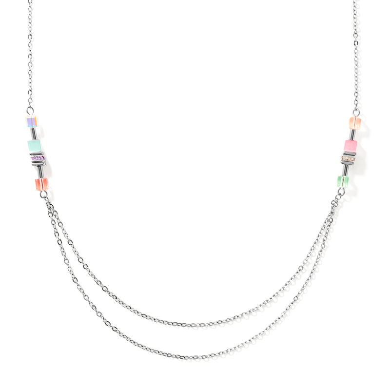 Collier GeoCUBE® double chain long acier argent multicolore-pastel