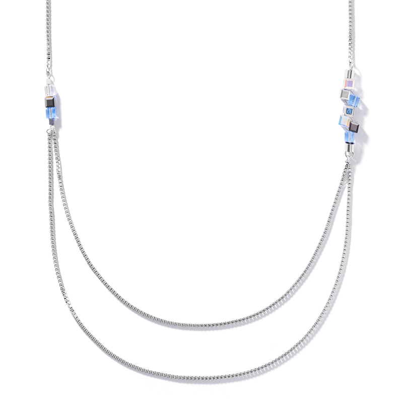 Collier GeoCUBE® cluster double chain long acier argent-bleu clair