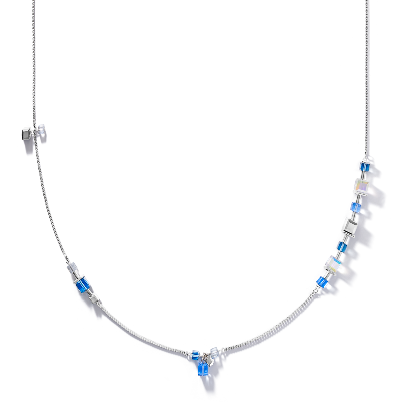 Collier GeoCUBE® chain long acier & Cristaux  argent-bleu