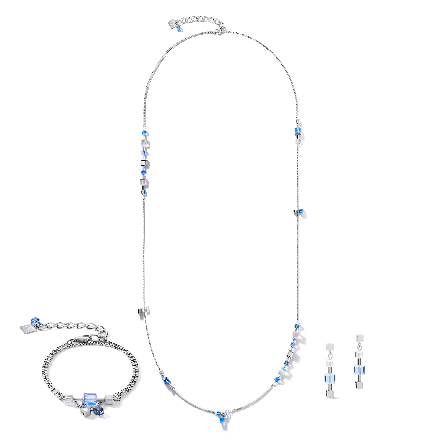 Boucles d'oreille GeoCUBE® chain long acier & Cristaux  argent-bleu