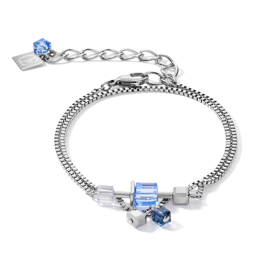 Bracelet GeoCUBE® chain long acier & Cristaux  argent-bleu