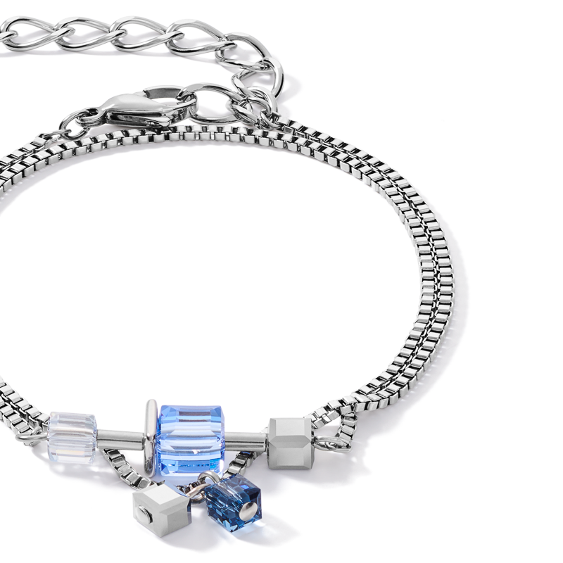 Bracelet GeoCUBE® chain long acier & Cristaux  argent-bleu