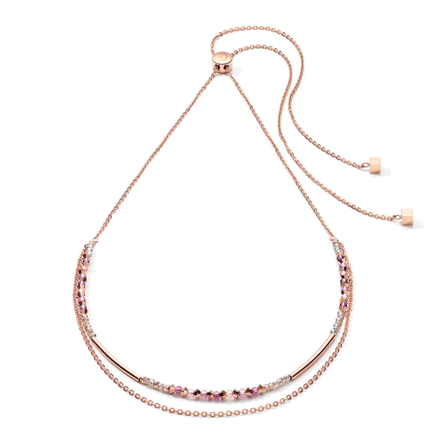Collier 2-layers de cristaux fins et d'acier inoxydable or rose lilas