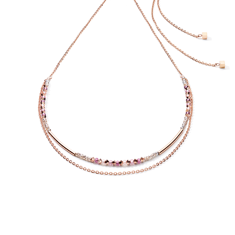 Collier 2-layers de cristaux fins et d'acier inoxydable or rose lilas
