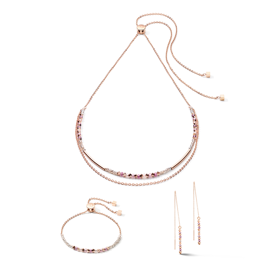 Collier 2-layers de cristaux fins et d'acier inoxydable or rose lilas