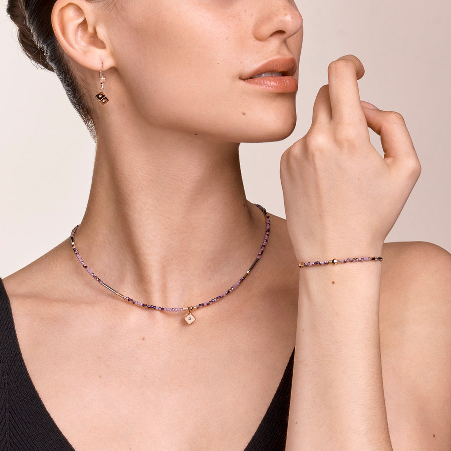 Collier Cube Crystal Dot acier inoxydable et verre de cristal améthyste-or rose clair