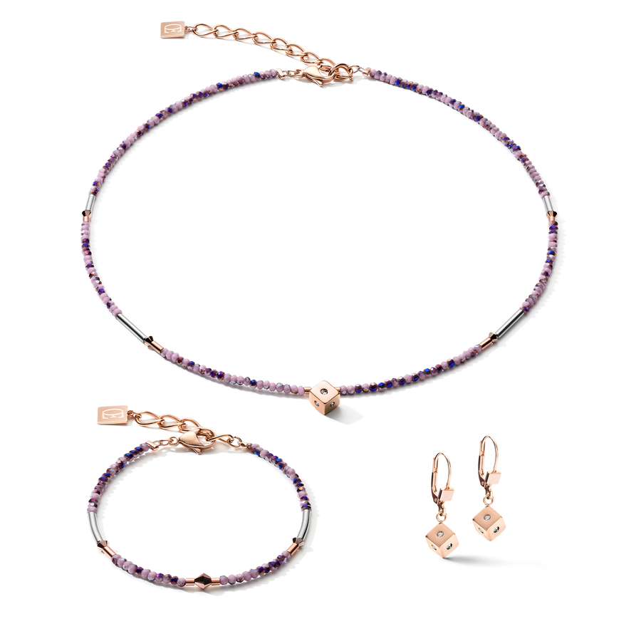Boucles d'oreilles Cube Crystal Dot acier inoxydable et verre de cristal améthyste-or rose clair