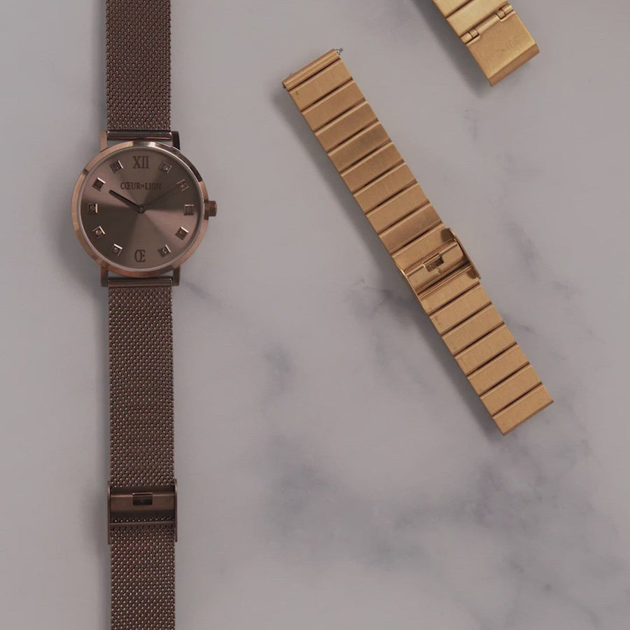 Montre Ronde Mocca Mat Milanaise Acier Inoxydable Or Rose