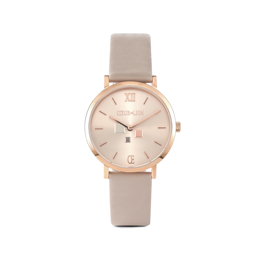 Montre Ronde Champagne Sunray Bracelet Cuir Taupe