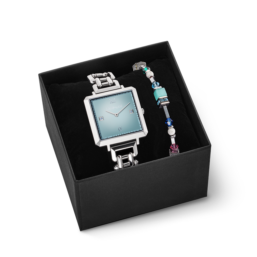 Coffret cadeau Montre Iconic Cube Ocean Cyan et bracelet Summer Dream pastel