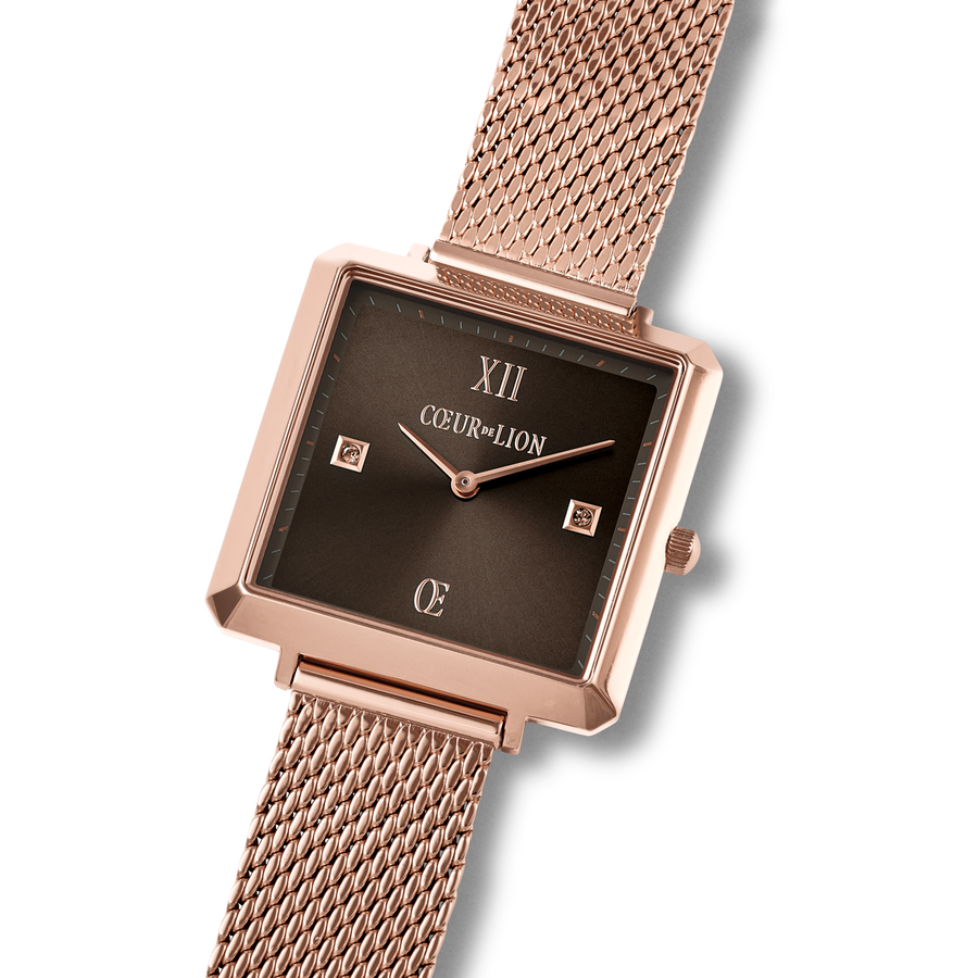 Montre Iconic Square Mocca Sunray Milanaise Acier Inoxydable Or Rose