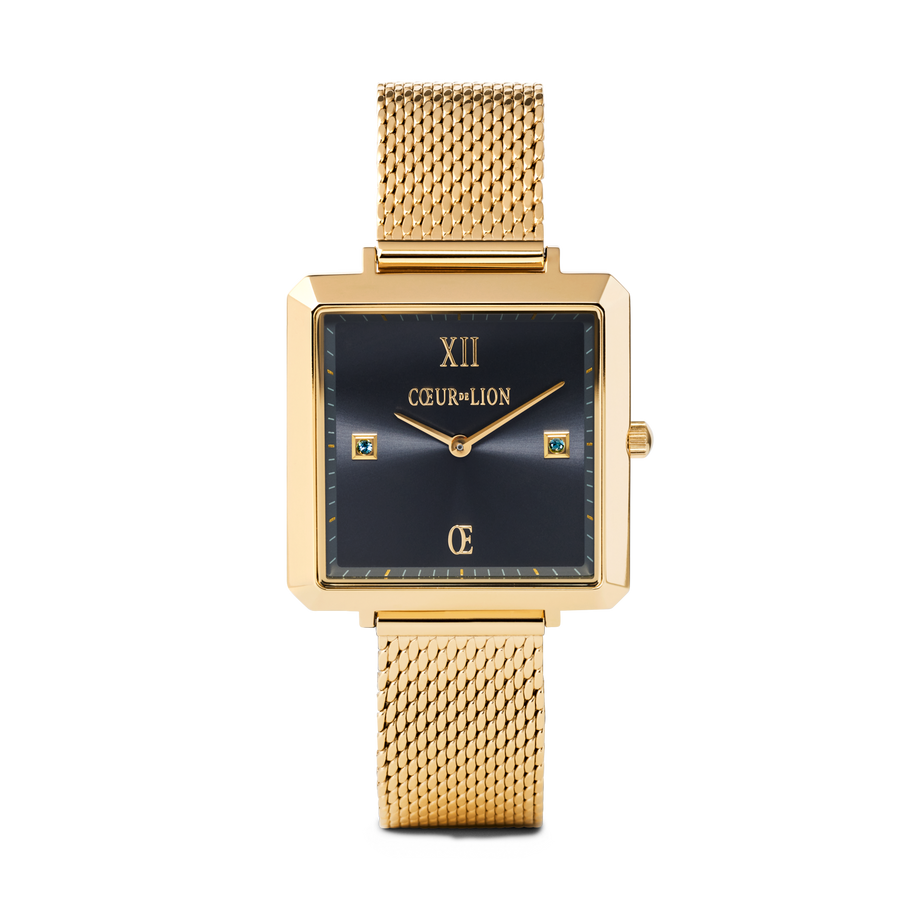 Montre Iconic Square Midnight Blue Sunray Milanaise Acier Inoxydable Or