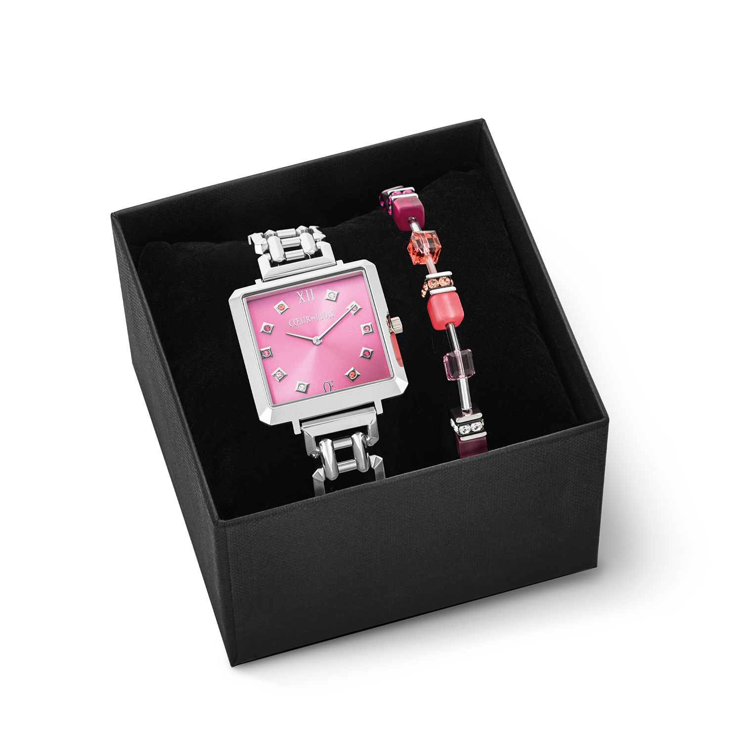 Coffret Cadeau Montre Iconic Cube Viva Magenta Silver & Bracelet GeoCUBE® Iconic Viva Magenta