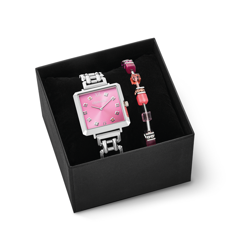 Coffret Cadeau Montre Iconic Cube Viva Magenta Silver & Bracelet GeoCUBE® Iconic Viva Magenta