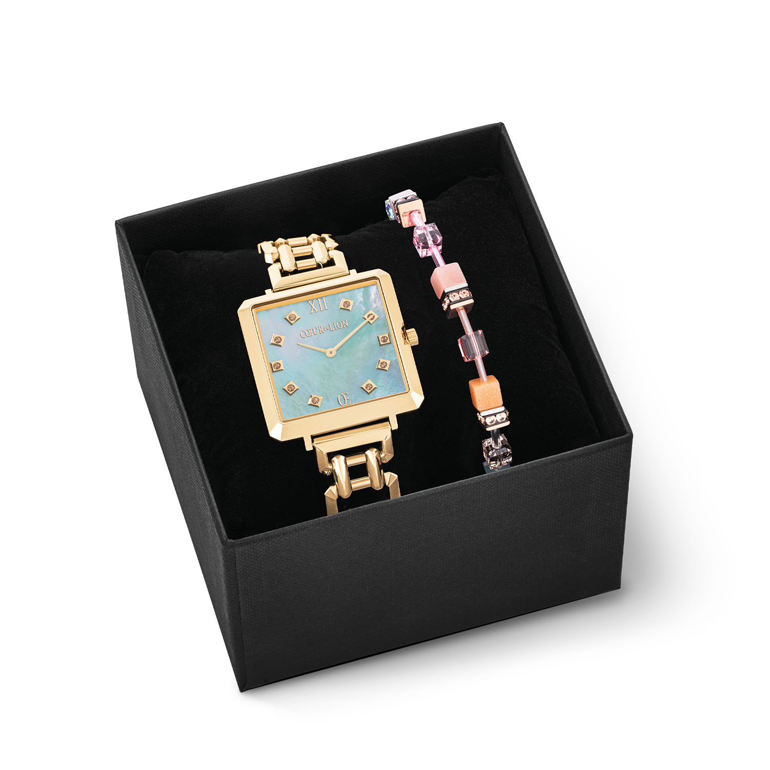 Coffret Cadeau Montre Iconic Cube Ocean Vibes Gold & Bracelet GeoCUBE® Iconic Chain Aqua-Apricot