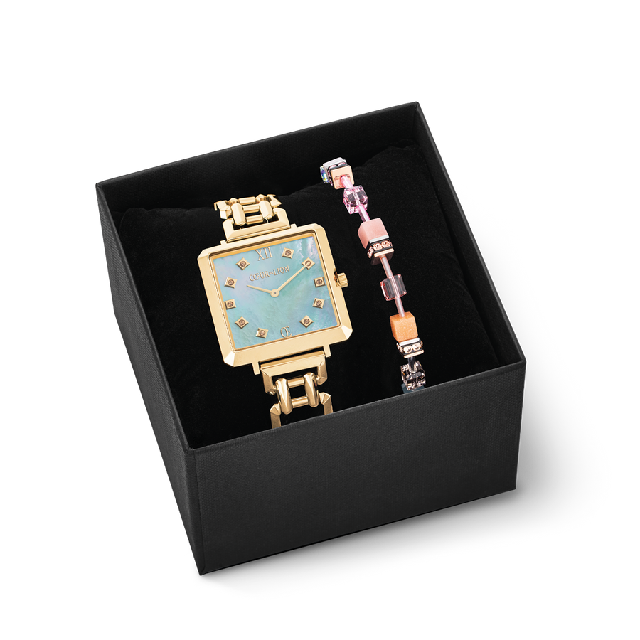 Coffret Cadeau Montre Iconic Cube Ocean Vibes Gold & Bracelet GeoCUBE® Iconic Chain Aqua-Apricot