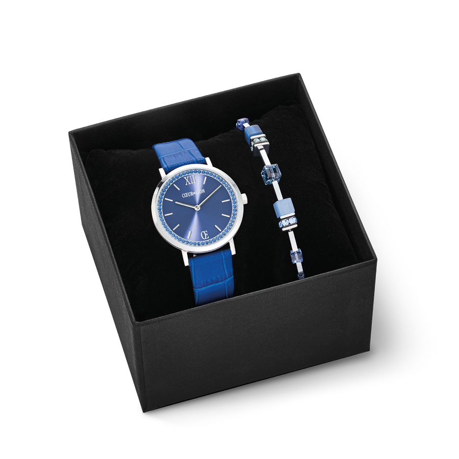 Coffret Cadeau Montre Ronde Sparkling Sunray Royal Blue & Bracelet GeoCUBE® Iconic Lite Bleu