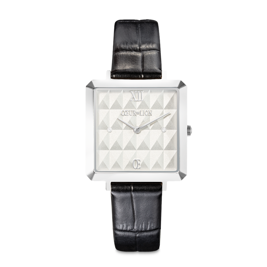 Montre Iconic Cube Spikes Argent Bracelet Cuir Noir